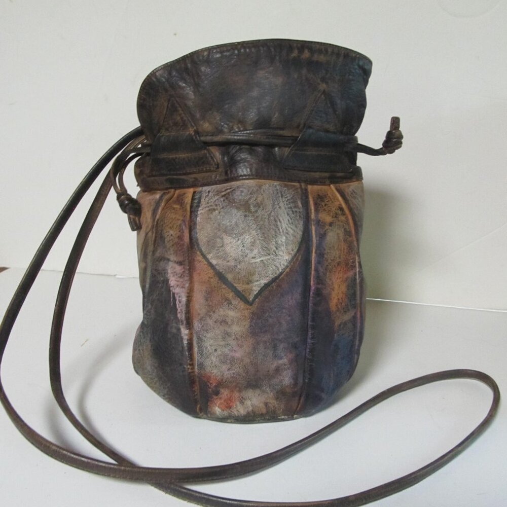 Jane Yoo Handpainted Leather Purse Jane Yoo artist 1980s leather Hobo Bag